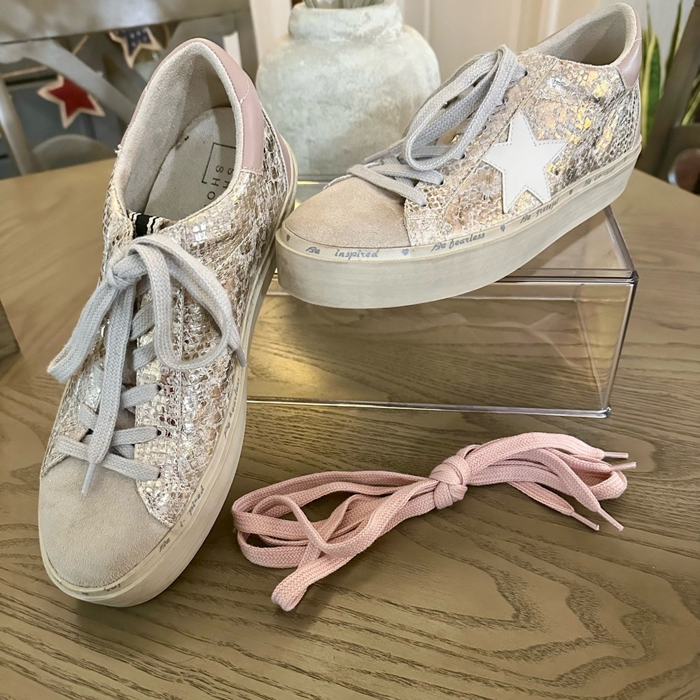 Reba Gold and White Sneakers with Star Accents